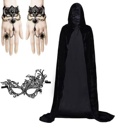 Set van 4 Zwarte Fluwelen Capes 170 cm met Masker en Vingerketting voor Middeleeuwse Vampier en Heks Kostuums voor Carnaval en Cosplay Accessoires