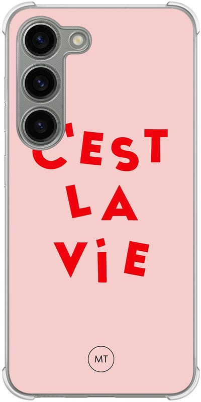 Hoesje (shockproof) geschikt voor Samsung Galaxy S23 - C'est la vie - Extra sterke case - TPU/polycarbonaat - Tekst - Roze, Transparant