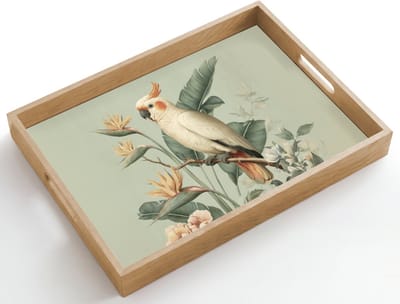 Dienblad hout 50x35 cm - Schootdienblad - Gele kuifkaketoe - paradijsvogelbloemen - Groen - Borrelplank rechthoek - Plateau dienbladen