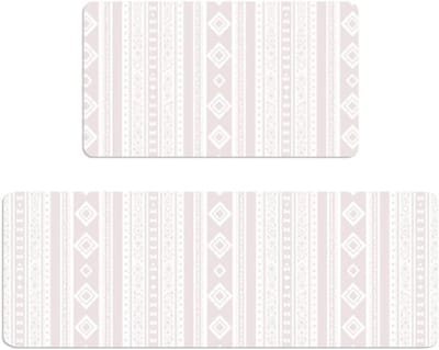 Set van 2 Geometrische Keukenmatten - Bohemian Rubber Matten voor Badkamer en Keuken, Antislip Vloermatten voor Binnen, 43x76-120cm, Wit