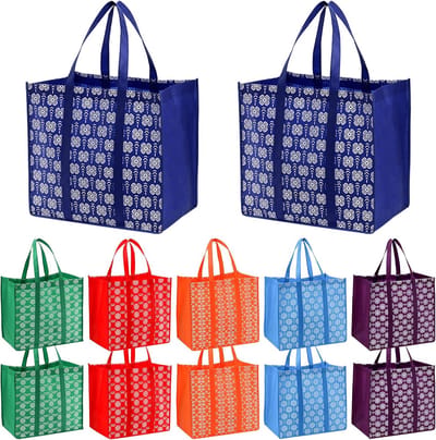 Pakket van 12 herbruikbare boodschappentassen, grote opvouwbare boodschappentassen met lange handvatten voor boodschappen doen, kleuren, veelkleurig.