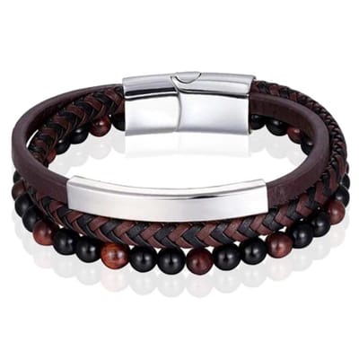 Heren armband Memphis Tijgeroog kraal gevlochten leer Zilverkleurig Bruin - 19cm