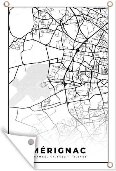 Muurdecoratie Mérignac - Frankrijk - Plattegrond - Stadskaart - Kaart - Zwart wit - 120x180 cm - Tuinposter - Tuindoek