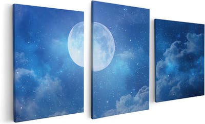 Artaza Canvas Schilderij Drieluik Volle Maan in de Blauwe Hemel met Sterren - 120x60 cm - Wanddecoratie Woonkamer - Schilderijen - Muurdecoratie