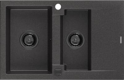 Mexen Gaspar granieten gootsteen 1,5-kamer met afdruiprek 737 x 475 , zwart gespikkeld, zwarte sifon - 6507731505-76-B