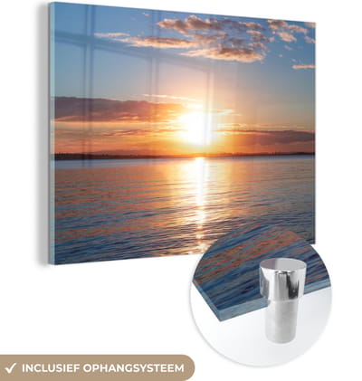 MuchoWow® Glasschilderij 160x120 cm - Schilderij acrylglas - Zee - Zon - Kleuren - Foto op glas - Muurdecoratie woonkamer - Wanddecoratie slaapkamer - Schilderijen