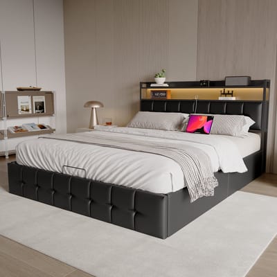 Tweepersoonsbed met ledverlichting en usb-poort, opbergruimte met hydraulische stang, gestoffeerd hoofdeinde van zwarte PU-stof, 160x200 cm, exclusief matras