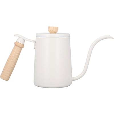 Bouilloire à café à verser 600 ml Col de cygne Trou d'évent Manche en bois Acier inoxydable de qualité alimentaire L blanc