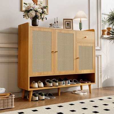 REDOM - Schoenenkast - 3 Deuren En 1 Lade - Met Legplanken En Magneetsluiting - Voor Hal - Spaanplaat - Naturel - 120 X 35 X 106 Cm