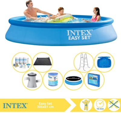 Intex Rond Opblaasbaar Easy Set Zwembad - 305 x 61 cm - Blauw - Inclusief Solarzeil - Onderhoudspakket - Zwembadfilterpomp - Filter - Solar Mat - Ladder - Voetenbad - Vloertegels - 9-delig