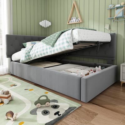 Wishdor Dagbed 90x190 cm - Hydraulische opbergruimte & L-vormig ontwerp - Fluweel - Grijs - Creëer een stoere lounge met verborgen opberger