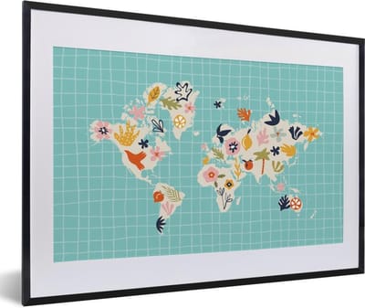 Poster in lijst - Fotolijst 60x40 cm - Posters - Wereldkaart - Bloemen - Matisse - Posterlijst zwart - Decoratie - Wanddecoratie woonkamer - Muurdecoratie slaapkamer