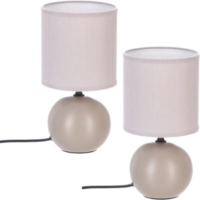 Timéo Tafellamp - Bol Lamp - Nachtlampje - Set van 2 - Tafellamp met Stoffen Kap - Sfeerverlichting - Ø13 x 25 cm - Keramiek - Mat Taupe