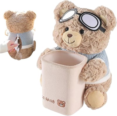 Pluche Beer Tissuehouder - Autotissuebak Prullenbak - Auto Interieur Organiseren - 2-in-1 Ontwerp - 25 x 22 x 28 cm