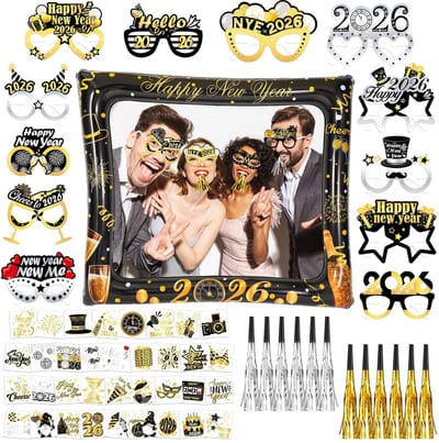 Dailygoods- Selfie Frame Opblaasbaar - Foto Frame - Feestdecoraties - Nieuwjaarsbril - Tatoeages - Feestblazers - Zwart Goud