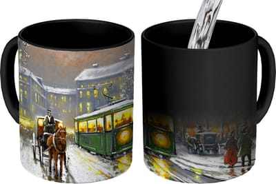 Magische Mok - Foto op Warmte Mokken - Koffiemok - Schilderij - Olieverf - Winter - Tram - Paard - Magic Mok - Beker - 350 ML - Theemok