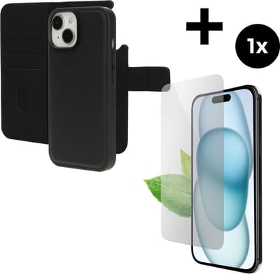 Mobiparts Leather 2 in 1 Wallet Case hoesje geschikt voor Apple iPhone 15 met 1 Screenprotector van Gerecycled Gehard Glas - Zwart