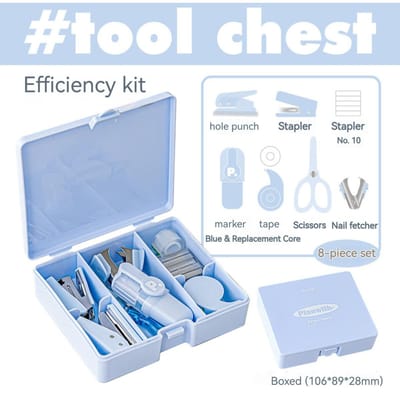 Kawaii Briefpapier Set Nietmachine Schaar Tape Markeerstift Perforator Nagelverwijderaar School Kantoor Efficiëntie Set 8 Stuks Doos blauw