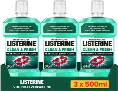 LISTERINE Clean & Fresh, mondwater met essentiële oliën en fluoride, zonder alcohol, bereikt de plaatsen die de tandenborstel mist – zelfs tussen de beugel, 3x500 ml