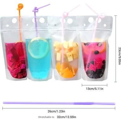 100 stuks Transparante Drankzakjes Zakjes Mat Ziplock Staand Plastic Drinkzak met Rietjes blue