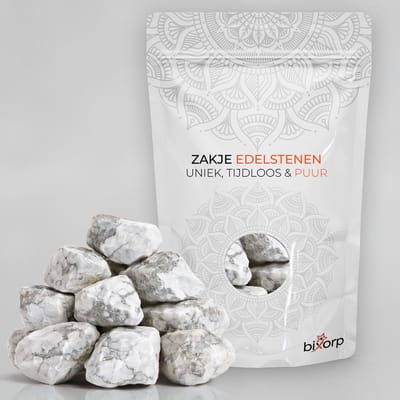 Bixorp Zak met Ruwe Howliet - 200g - 100% Natuurlijke Howliet Trommelsteen uit 000 - Edelsteen Knuffelsteen