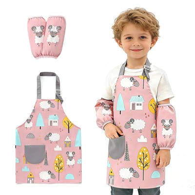 Verstelbare waterdichte kinderschort en mouwset - Keukenschort voor kinderen met zakken - Geschikt voor jongens en meisjes voor koken, bakken, schilderen, tuinieren en andere activiteiten op school (<=110 cm)