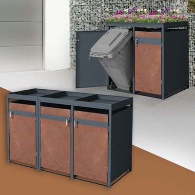 Klikoombouw, Container ombouw met groendak, voor 3 containers tot 240 l, 200 x 80 x 124 cm, van staal met roestlook ML-Design