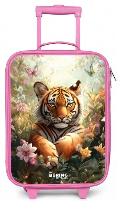 NoBoringSuitcases.com® - Kinderkoffer roze - Kindertrolley meisje - Tijger in bloemenveld met vlinders en zonlicht - Koffer kind lichtgewicht - Reiskoffer trolley voor kinderen - Koffertje met lichtgevende wieltjes - Rolkoffer