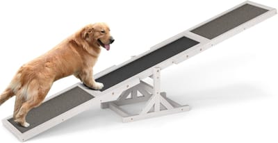 COSTWAY Hondenwip van hout, Agility wip, outdoor hondensport voor balanstraining, voor kleine en grote honden tot 60 kg, weerbestendige speelset, 179 x 30 x 55 cm (wit)