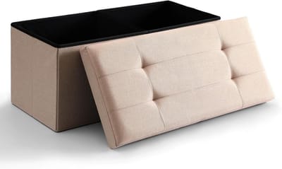 Grote Opklapbare Opbergbank / Voetenbank - Linnen Stof Beige - 75 Liter Opbergruimte