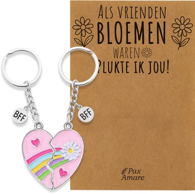 BFF Sleutelhanger voor 2 'Als vrienden bloemen waren, plukte ik jou' - Roze Hartje met Bloem - Sleutelhanger set op Cadeau Kaartje - Zilverkleurig - Vriendschap Symbool - Pax Amare