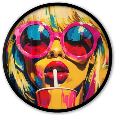Poster in lijst Rond - Fotolijst 40x40 cm - Posters - Zonnebril - Roze - Vrouw - Rietje - Ronde posterlijst zwart - Decoratie - Wanddecoratie woonkamer - Muurdecoratie slaapkamer