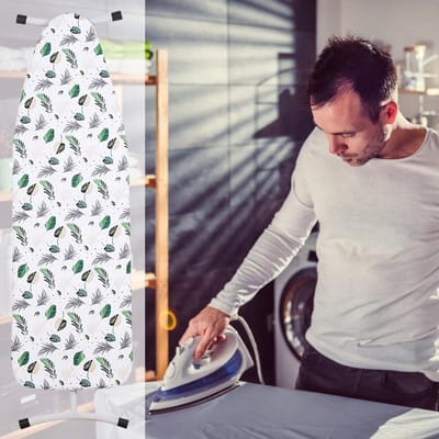 Strijkplankhoes, Easy Fit strijkplankhoes, elastische strijkplankhoes, wasmachinebestendig, extra grote strijkplankhoes van 100% katoen, groene bladeren, 135 x 52 cm