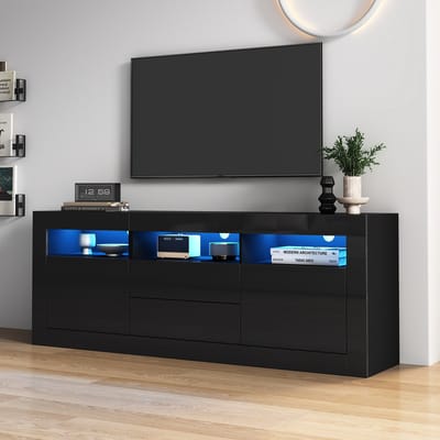 REDOM TV-meubel 160*35*60cm van spaanplaat, hoogglans zwart, met LED, push-to-open en opbergruimte