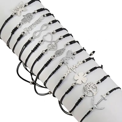 Set van 12 verstelbare koord armbanden voor dames met zilverkleurige bedels – armbanden set met symbolen zoals hart, boom, anker en vlinder