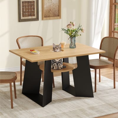 Huisdiervriendelijke eet-/keukentafel met huisdiergedeelte en plank, rechthoekig, voor 6 personen (130×85×75 cm), natuurlijke hout-zwarte mix