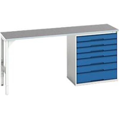 Onderbank Bott verso, linoleumblad, 7 laden, B 2000 x D 600 x H 930 mm, lichtgrijs / gentiaanblauw