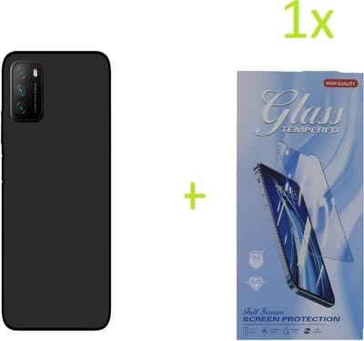 hoesje Geschikt voor: Xiaomi Poco M3 TPU Silicone rubberen + 1 stuk Tempered screenprotector - zwart