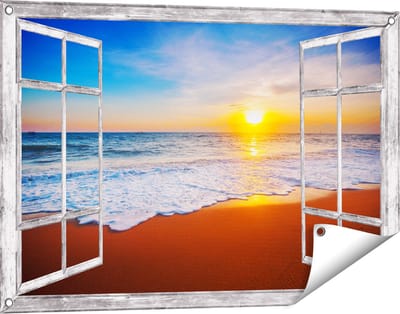 Gards Tuinposter Doorkijk Strand en Zee tijdens Zonsondergang - 90x60 cm - Tuindoek - Tuindecoratie - Wanddecoratie buiten - Tuinschilderij