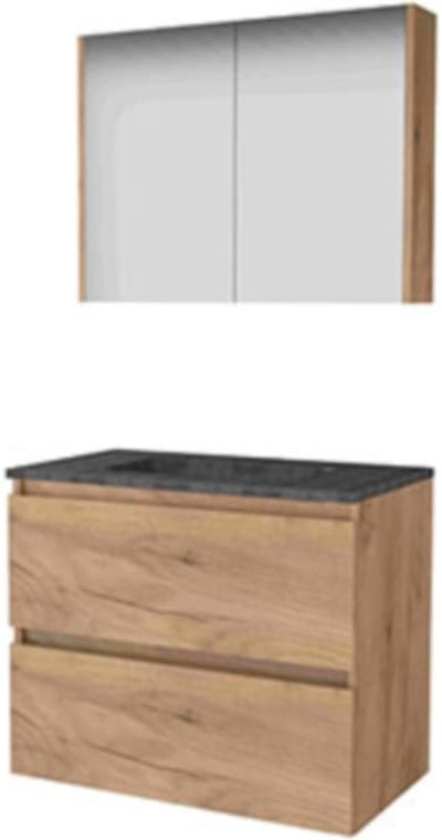 Basic-Line Comfort 46 Badkamermeubelset - 80 x 46 cm - Greeploos - 2 Lades - Hardstenen Wastafel - 1 Kraangat - Spiegelkast - Whisky Oak
