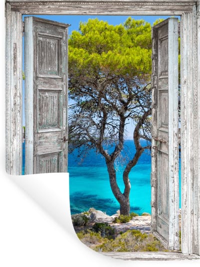 Muurstickers - Sticker Folie - Boom - Tropisch - Zee - Doorkijk - Strand - 30x40 cm - Plakfolie - Muurstickers Kinderkamer - Zelfklevend Behang - Zelfklevend behangpapier - Stickerfolie