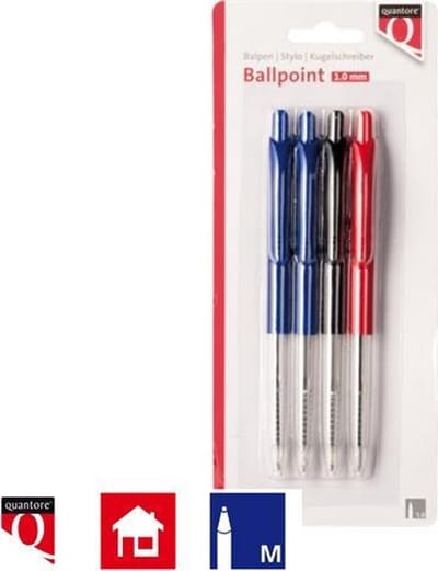Balpen Quantore drukknop medium blister 4stuks assorti