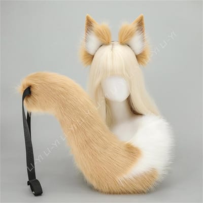 Handgemaakte Kitsune Vossenoren Hoofdband & Staart Set - Pluizige Kunstbont Dier Cosplay Accessoires Voor Anime, Halloween Kostuum Accessoires ear and tail beige