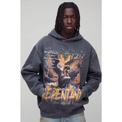 Charcoal oversized berouwvolle grafische gewassen hoodie | Size XS