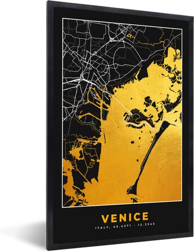 Fotolijst incl. Poster - Kaart - Venetië - Goud - Plattegrond - Stadskaart - 40x60 cm - Posterlijst