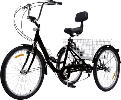 Driewieler 24 Inch - Fiets voor volwassenen en senioren - 7 versnellingen - Opvouwbare Trike - Met mand en LED Verlichting - Zwart