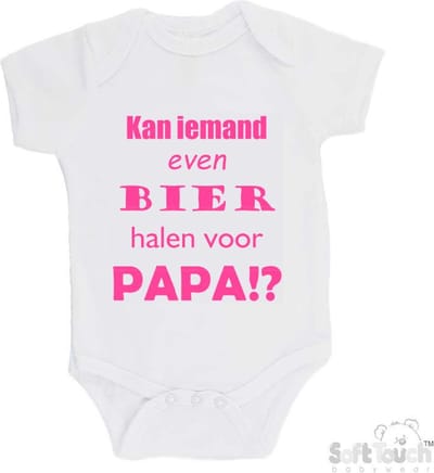 100% katoenen Romper "Kan iemand even bier halen voor papa!?" Vader Vaderdag Papa Meisjes Katoen Wit/roze Maat 62/68
