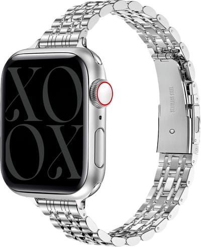 xoxo Wildhearts Smalle stalen band - Geschikt voor Apple Watch bandje - Series 1/2/3/4/5/6/7/8/9/10/11/12/SE - Maat: 38 mm / 40 mm / 41 mm / 42 mm - RVS metalen schakelbandje met vlindersluiting - iWatch slim steel strap - Horlogeband - Zilver