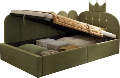 Gestoffeerd bed Daybed 90x200 cm, slaapbank met opbergruimte (hydraulisch), logeerbed in L-vorm, fluweel in groen met kroon- en roosterdesign, zonder matras