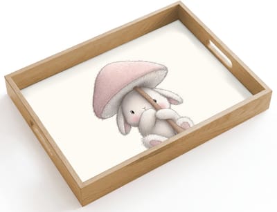 Dienblad hout 40x30 cm - Schootdienblad - Paddenstoel - Konijn - Roze - Borrelplank rechthoek - Plateau dienbladen